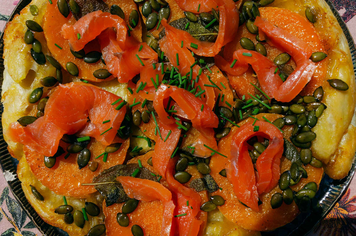 Tarte Tatin con zucca butternut e salmone affumicato